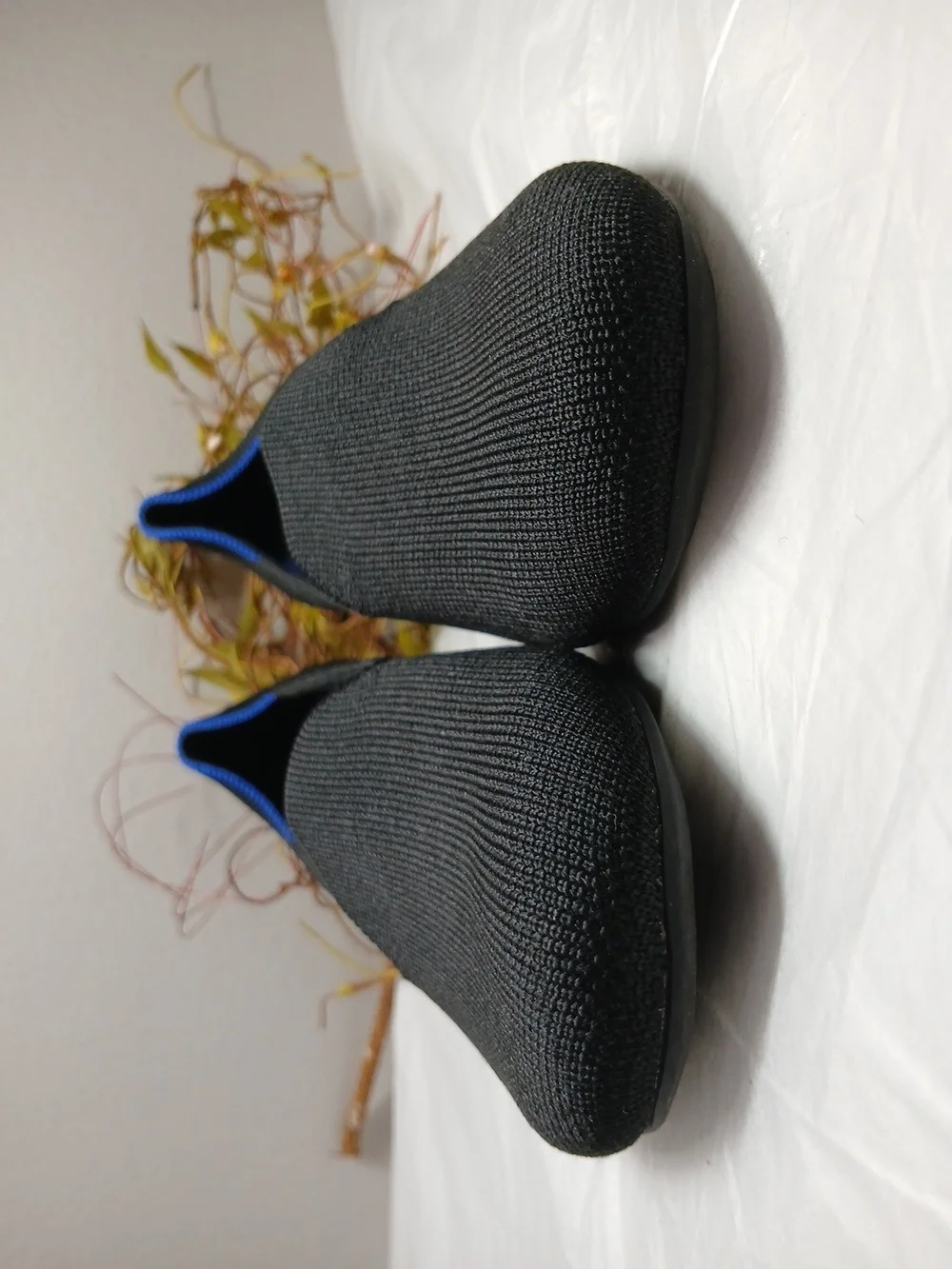 Rothy's Black Knit Slip-On Loafers with Blue Trim
